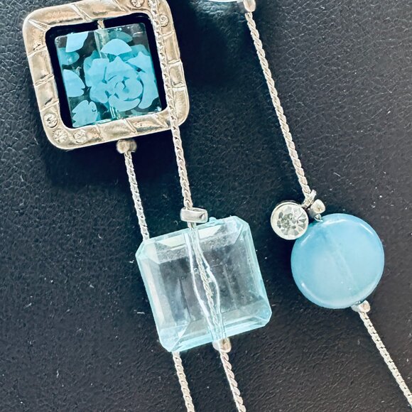 Silver Tone 3 Strands Necklace Blue Square and Round Beads clear Rhinestones - Picture 5 of 7